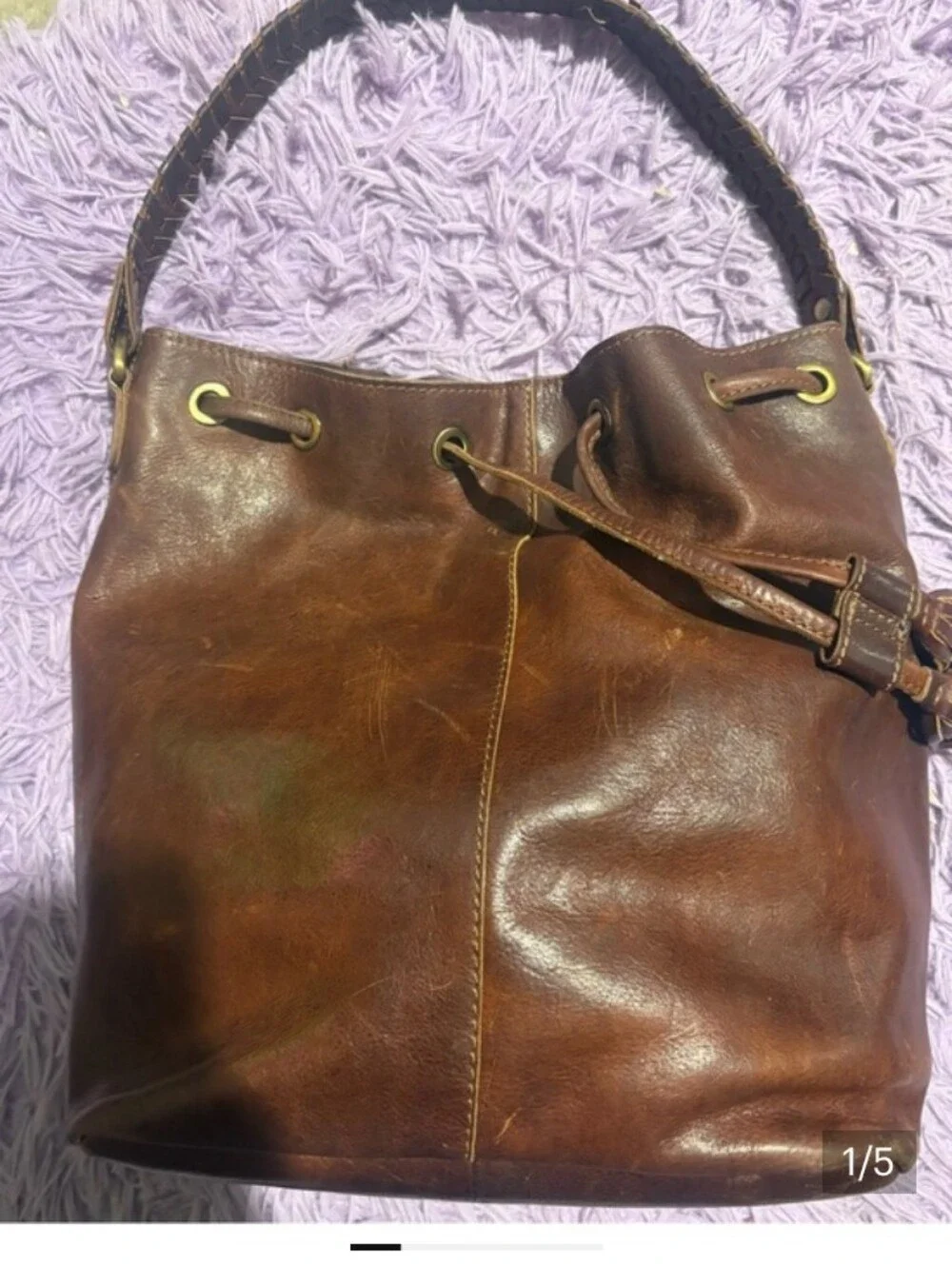 Brown Leather Bucket Bag - Classic Women's Shoulder Tote